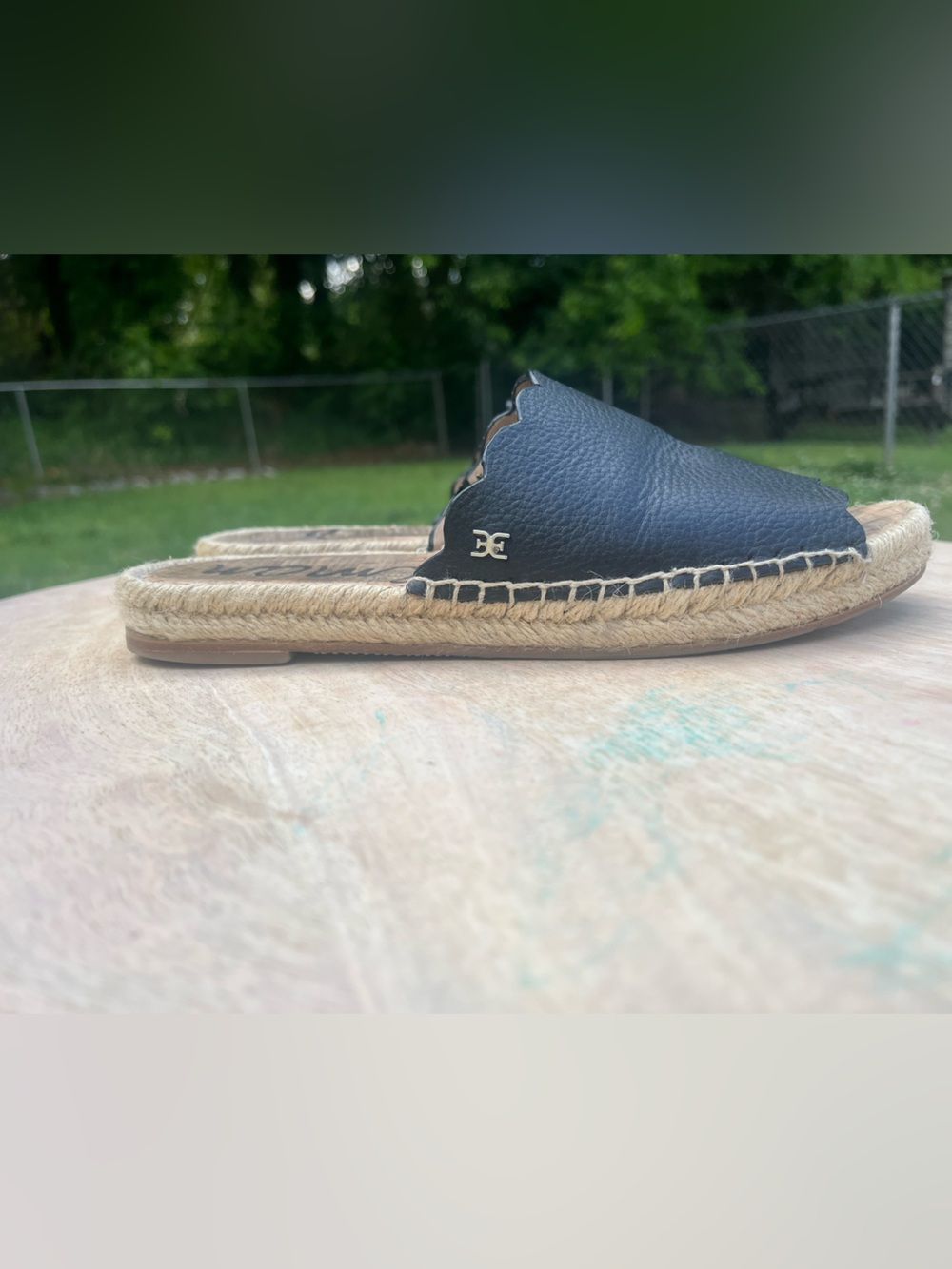 Sam Edelman Black Leather Scallop-Edge Espadrille Slide Sandals 6.5 - Picture 2 of 6